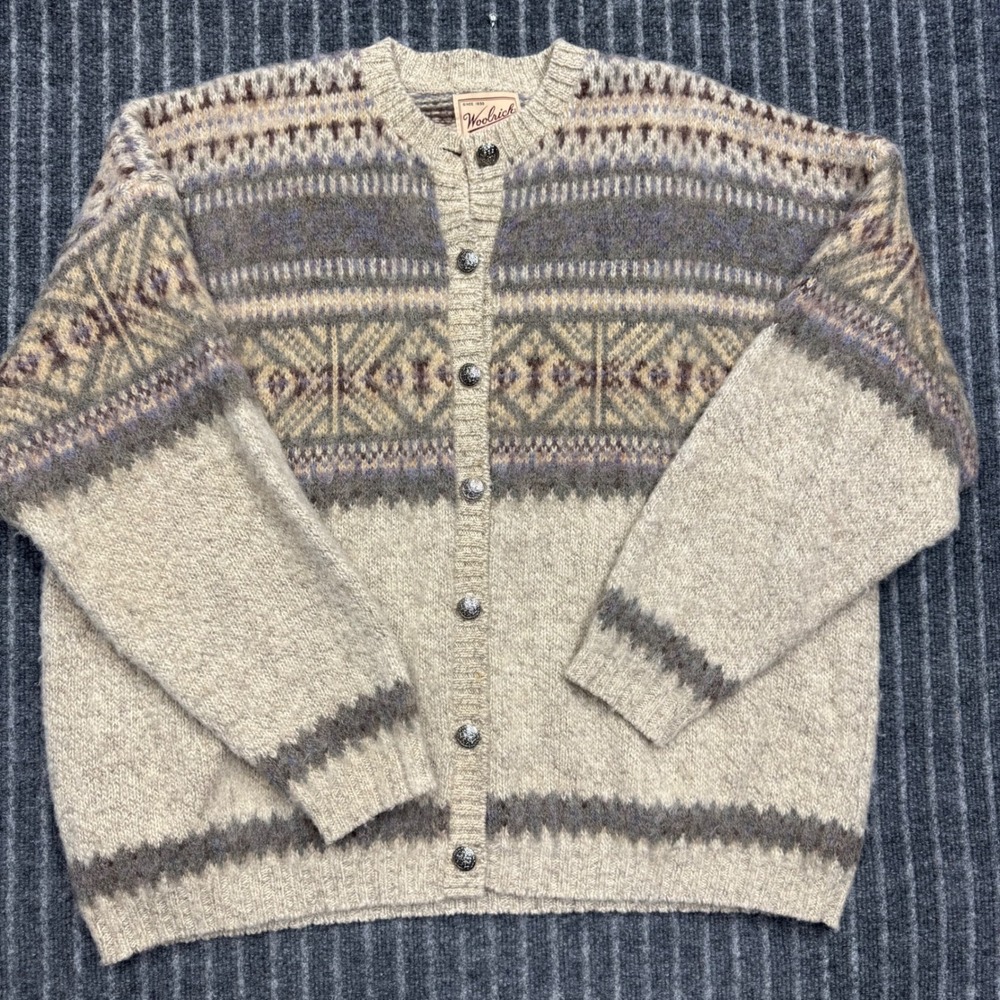 Woolrich Womens Cardigan Sweater XL Oat Beige Wool Blend Fair Isle Vintage USA